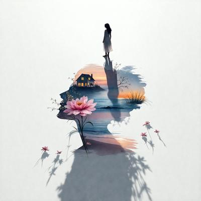 The primary subject of the image is a woman's face, which is depicted in a painting or drawing. The setting is a beach, with a house in the background. The visual style is a combination of digital art and illustration, creating a unique and artistic representation of the woman. The colors and mood of the image are predominantly warm and inviting, with the beach and house adding to the overall atmosphere.